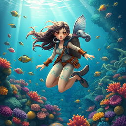 A whimsical fantasy scene featuring a brave female adventurer exploring the underwater world of fisheries