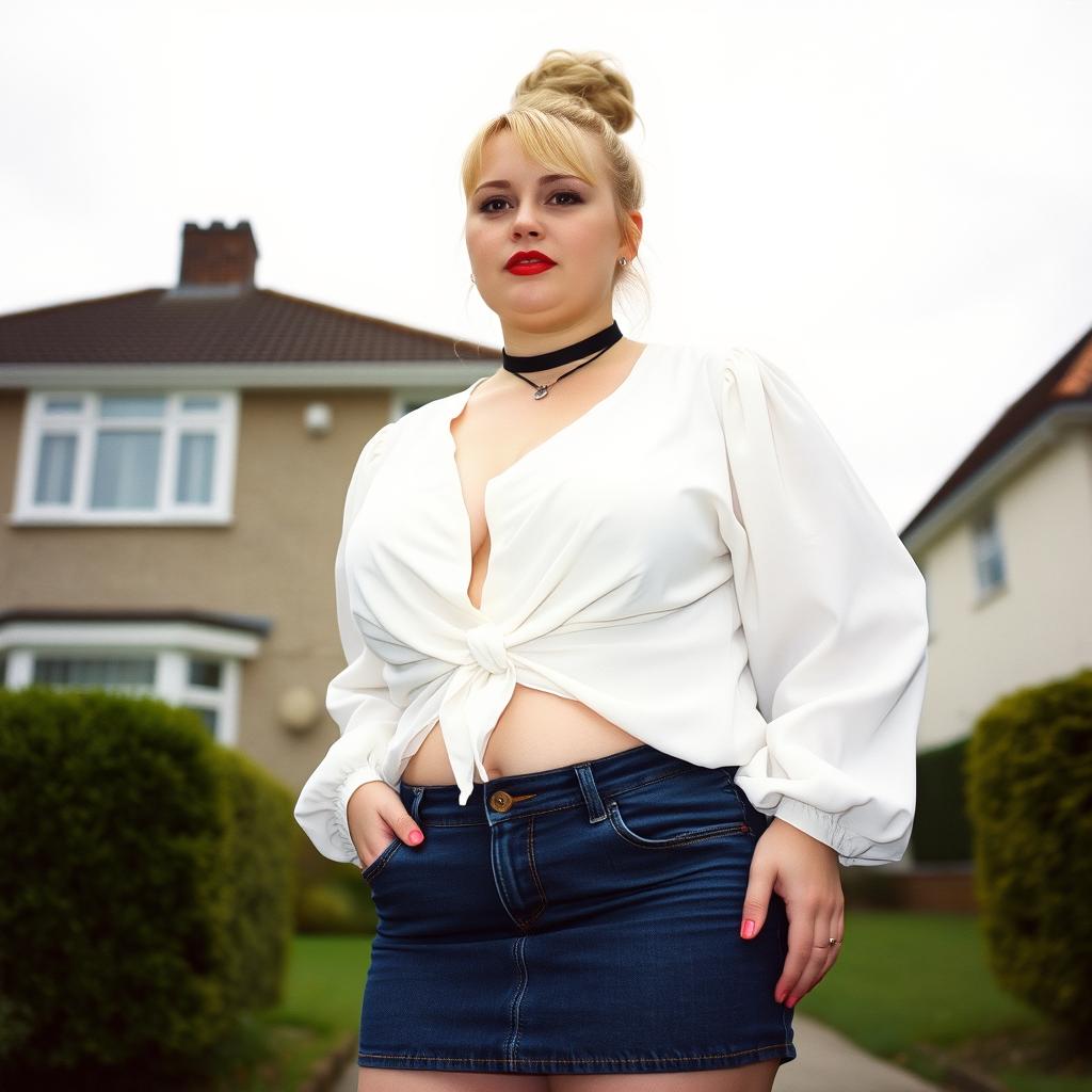 A 40-year-old chubby and curvy blonde woman with bright red lipstick and her hair tied up in a bun, standing confidently in front of a standard house on St