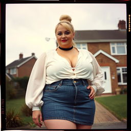 A 40-year-old chubby and curvy blonde woman with bright red lipstick and her hair tied up in a bun, standing confidently in front of a standard house on St