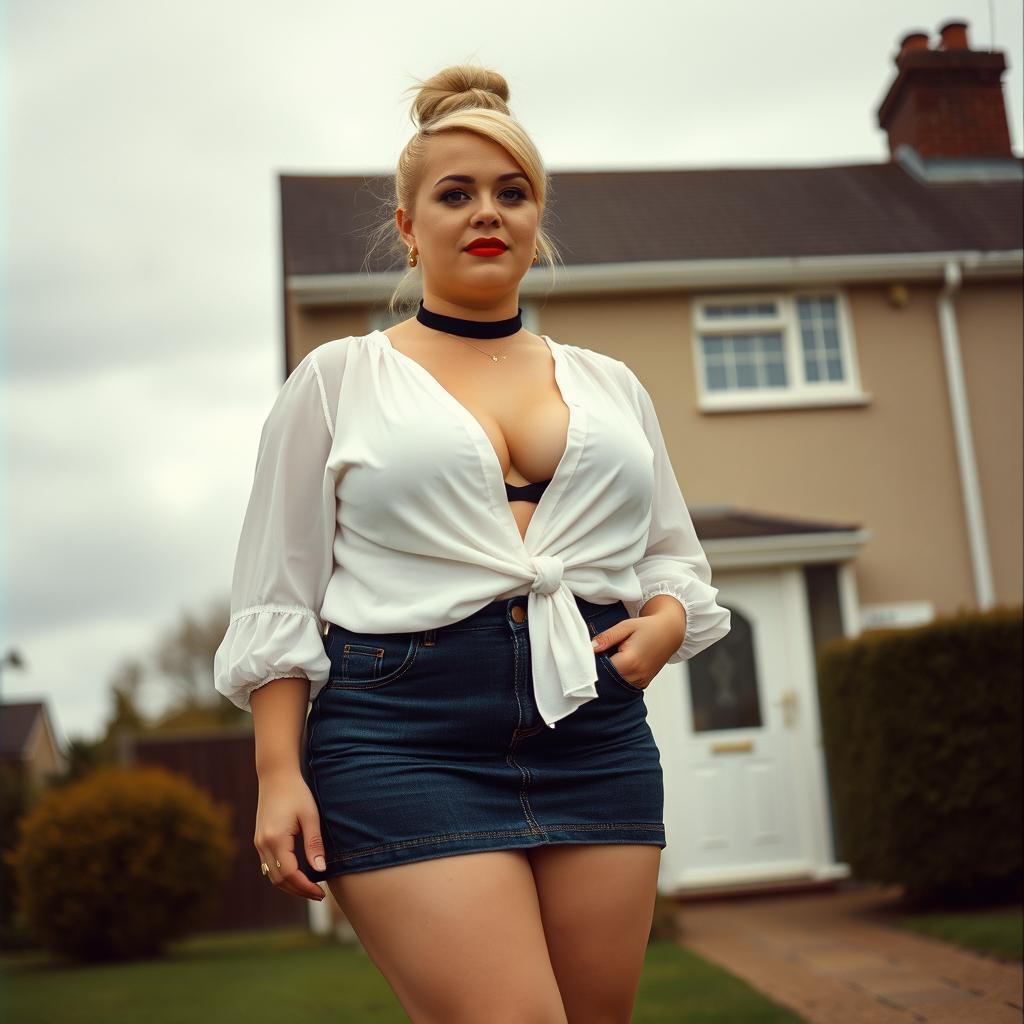 A 40-year-old chubby and curvy blonde woman with bright red lipstick and her hair tied up in a bun, standing confidently in front of a standard house on St