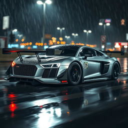 An Audi R8 Le Mans racing car, showcasing its sleek and aerodynamic design, glistening under the night lights