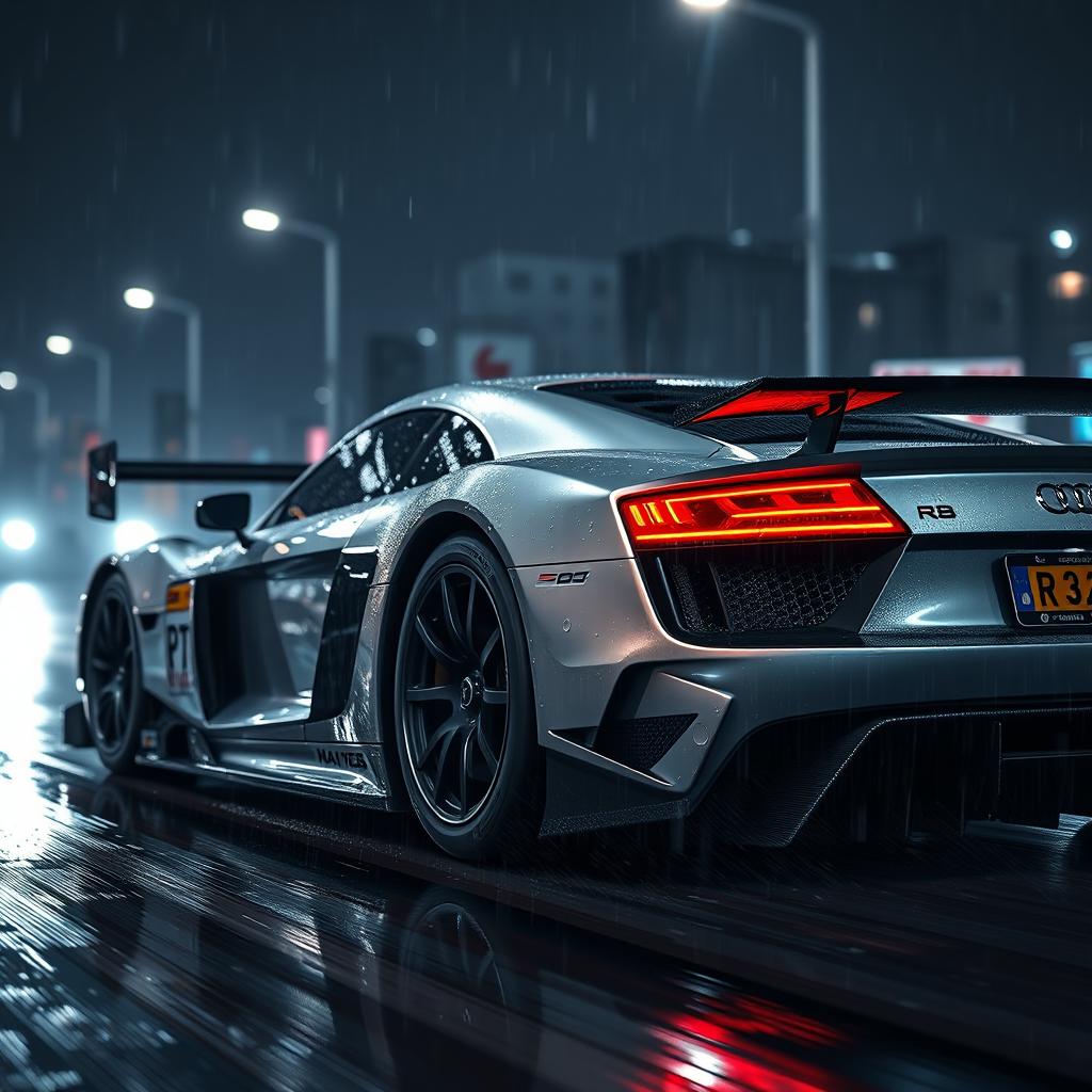 An Audi R8 Le Mans racing car, showcasing its sleek and aerodynamic design, glistening under the night lights