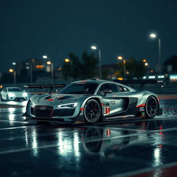 An Audi R8 Le Mans racing car, showcasing its sleek and aerodynamic design, glistening under the night lights