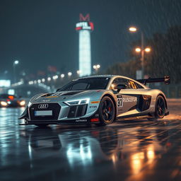 An Audi R8 Le Mans racing car, showcasing its sleek and aerodynamic design, glistening under the night lights