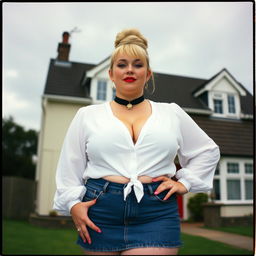 A 40-year-old chubby and curvy blonde woman with bright red lipstick and her hair styled in a bun, standing confidently in front of a typical house on St