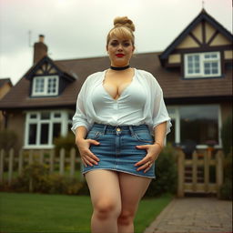 A 40-year-old chubby and curvy blonde woman with bright red lipstick and her hair styled in a bun, standing confidently in front of a typical house on St