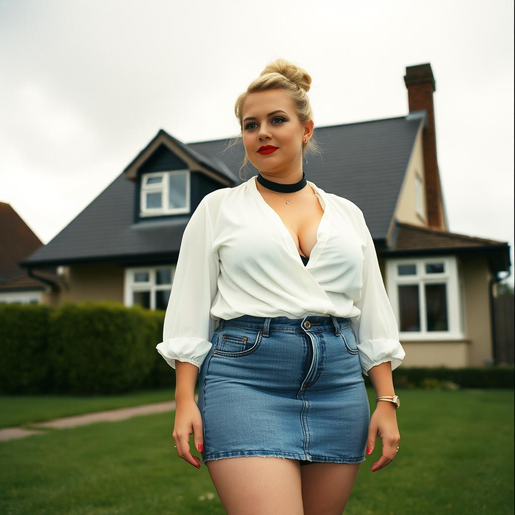 A 40-year-old chubby and curvy blonde woman with bright red lipstick and her hair styled in a bun, standing confidently in front of a typical house on St