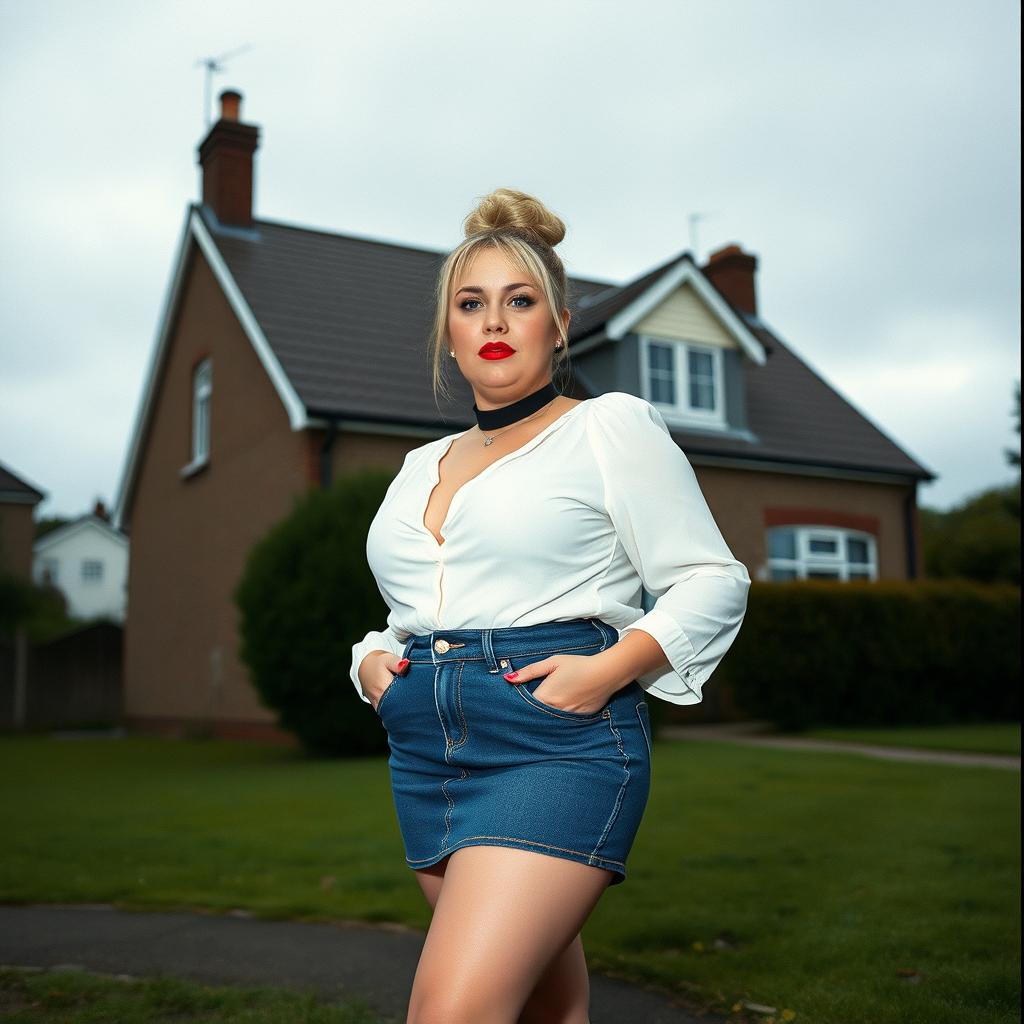 A 40-year-old chubby and curvy blonde woman with bright red lipstick and her hair styled in a bun, standing confidently in front of a typical house on St