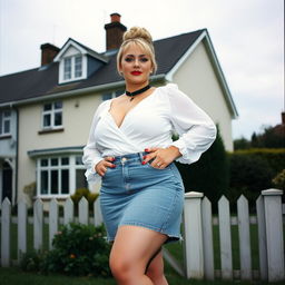 A 40-year-old chubby and curvy blonde woman with bright red lipstick and her hair styled in a bun, standing confidently in front of a typical house on St