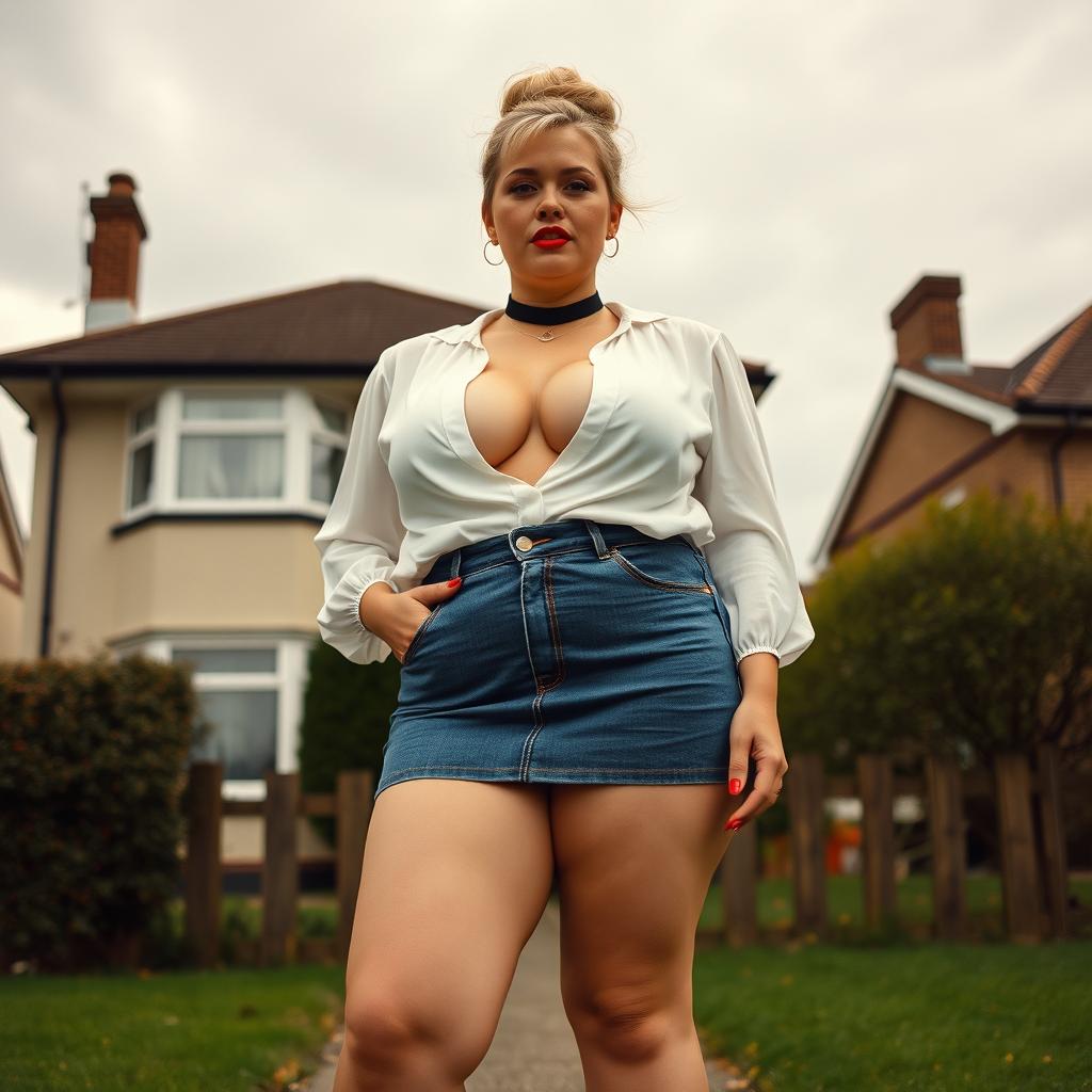 A 40-year-old chubby and curvy blonde woman with bright red lipstick and her hair styled in a bun, standing confidently in front of a typical house on St