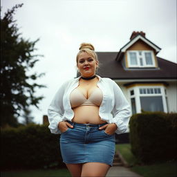 A 40-year-old chubby and curvy blonde woman with bright red lipstick and her hair styled in a bun, standing confidently in front of a typical house on St