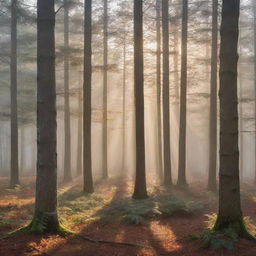 Photorealistic depiction of a misty forest at sunrise with sunbeams filtering through a blend of evergreen and fall-colored deciduous trees, casting elongated shadows. Create an impression of depth and atmosphere.