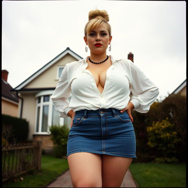 A 40-year-old chubby and curvy blonde woman with bright red lipstick and her hair styled in a bun, confidently standing in front of a standard house on St