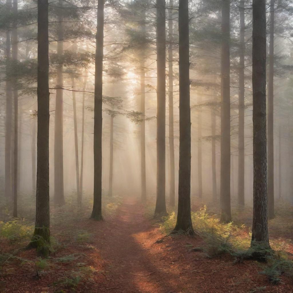 Photorealistic depiction of a misty forest at sunrise with sunbeams filtering through a blend of evergreen and fall-colored deciduous trees, casting elongated shadows. Create an impression of depth and atmosphere.