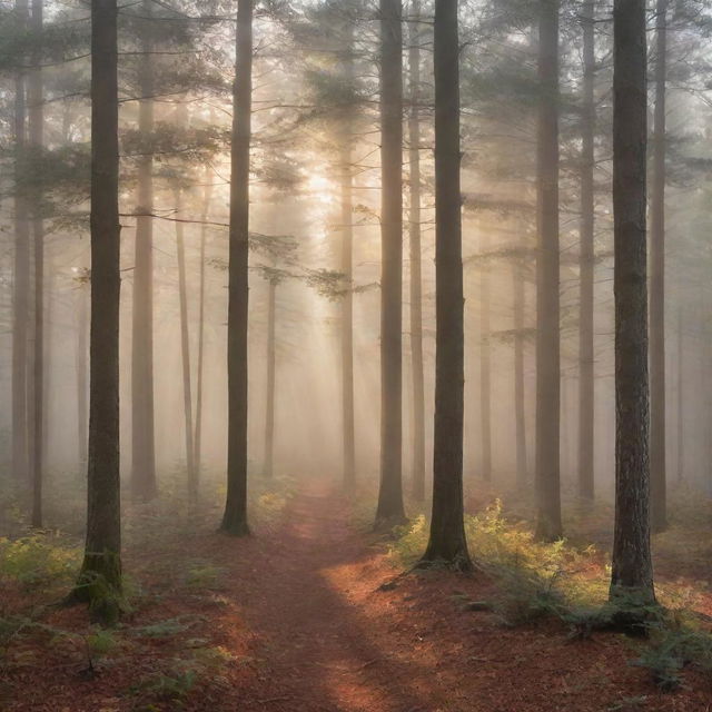 Photorealistic depiction of a misty forest at sunrise with sunbeams filtering through a blend of evergreen and fall-colored deciduous trees, casting elongated shadows. Create an impression of depth and atmosphere.