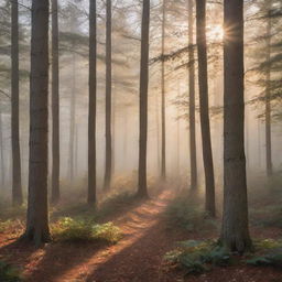 Photorealistic depiction of a misty forest at sunrise with sunbeams filtering through a blend of evergreen and fall-colored deciduous trees, casting elongated shadows. Create an impression of depth and atmosphere.