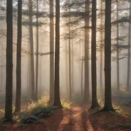 Photorealistic depiction of a misty forest at sunrise with sunbeams filtering through a blend of evergreen and fall-colored deciduous trees, casting elongated shadows. Create an impression of depth and atmosphere.