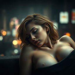 A short, busty woman with a fair white skin tone styled in loose waves, peacefully sleeping on her side in a dimly lit environment