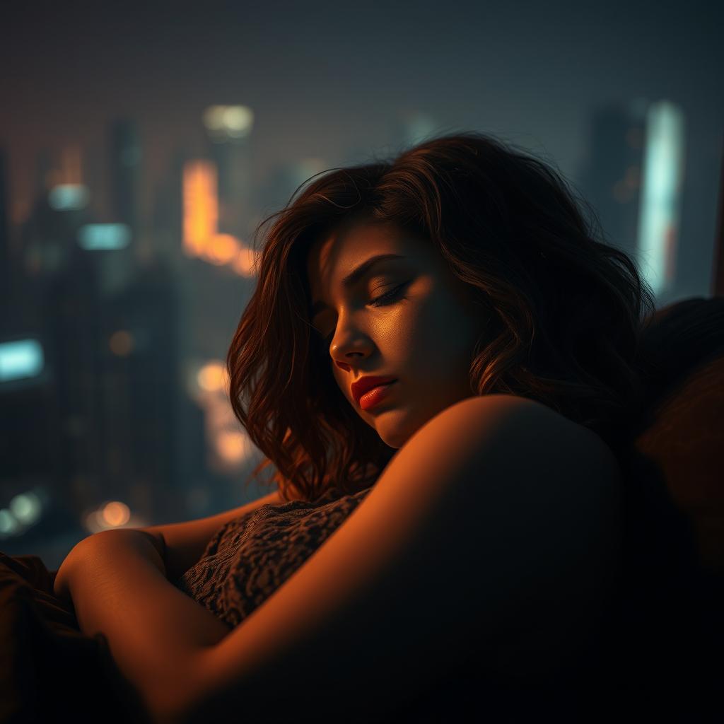 A short, curvy woman with fair white skin and loose wavy hair, peacefully sleeping on her side in a dimly lit environment