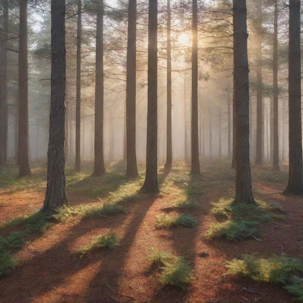 Photorealistic scene of a misty pine forest at sunrise. Sunlight trickles through mixed evergreen and deciduous trees with autumn-hued leaves, creating long shadows on the verdant floor, cultivating a sense of depth and ambiance.