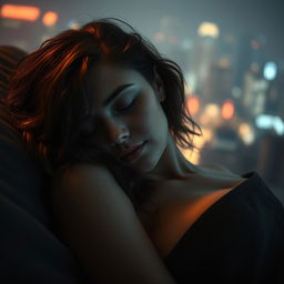 A short, curvy woman with fair white skin and loose wavy hair, peacefully sleeping on her side in a dimly lit environment