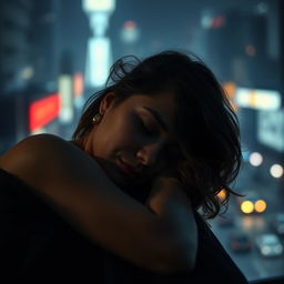 A short, curvy woman with fair white skin and loose wavy hair, peacefully sleeping on her side in a dimly lit environment