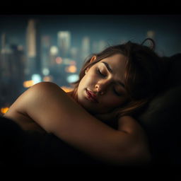 A short, curvy woman with fair white skin and loose wavy hair, peacefully sleeping on her side in a dimly lit environment