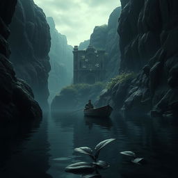 A hauntingly beautiful scene depicting rocky cliffs surrounding an ancient underworld building, partially shrouded in shadows