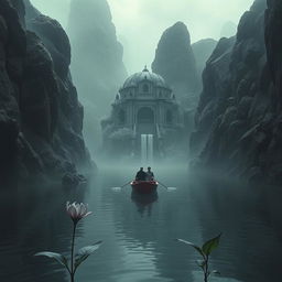 A hauntingly beautiful scene depicting rocky cliffs surrounding an ancient underworld building, partially shrouded in shadows