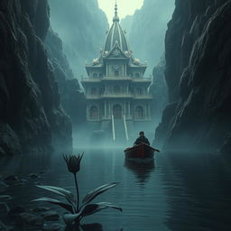 A hauntingly beautiful scene depicting rocky cliffs surrounding an ancient underworld building, partially shrouded in shadows
