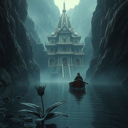 A hauntingly beautiful scene depicting rocky cliffs surrounding an ancient underworld building, partially shrouded in shadows