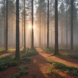 Photorealistic scene of a misty pine forest at sunrise. Sunlight trickles through mixed evergreen and deciduous trees with autumn-hued leaves, creating long shadows on the verdant floor, cultivating a sense of depth and ambiance.