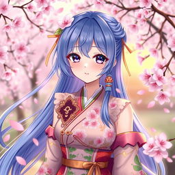 A beautiful anime-style character named Nazuna, with long flowing blue hair, soft facial features, and sparkling violet eyes