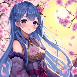 A beautiful anime-style character named Nazuna, with long flowing blue hair, soft facial features, and sparkling violet eyes