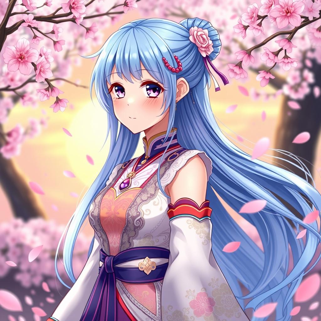 A beautiful anime-style character named Nazuna, with long flowing blue hair, soft facial features, and sparkling violet eyes