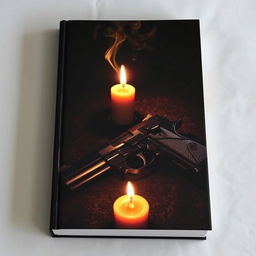 A dark and moody book cover featuring a pistol lying on a textured surface, with a beautifully burning candle nearby, casting warm light and shadows in the darkness