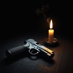 A dark and moody book cover featuring a pistol lying on a textured surface, with a beautifully burning candle nearby, casting warm light and shadows in the darkness