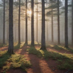 Photorealistic scene of a misty pine forest at sunrise. Sunlight trickles through mixed evergreen and deciduous trees with autumn-hued leaves, creating long shadows on the verdant floor, cultivating a sense of depth and ambiance.