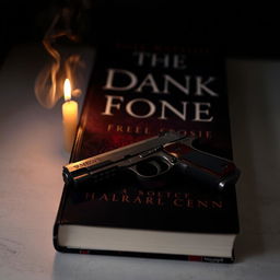 A dark and moody book cover featuring a pistol lying on a textured surface, with a beautifully burning candle nearby, casting warm light and shadows in the darkness