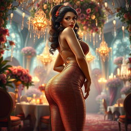 A glamorous fantasy character featuring a curvaceous figure, prominently showcasing her voluptuous silhouette