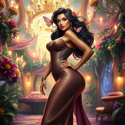 A glamorous fantasy character featuring a curvaceous figure, prominently showcasing her voluptuous silhouette