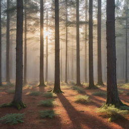 Photorealistic scene of a misty pine forest at sunrise. Sunlight trickles through mixed evergreen and deciduous trees with autumn-hued leaves, creating long shadows on the verdant floor, cultivating a sense of depth and ambiance.