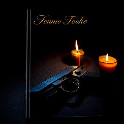 A dark and moody book cover featuring a handgun lying on a textured surface, with a soft, flickering aromatic candle burning beside it, casting shadows in the darkness