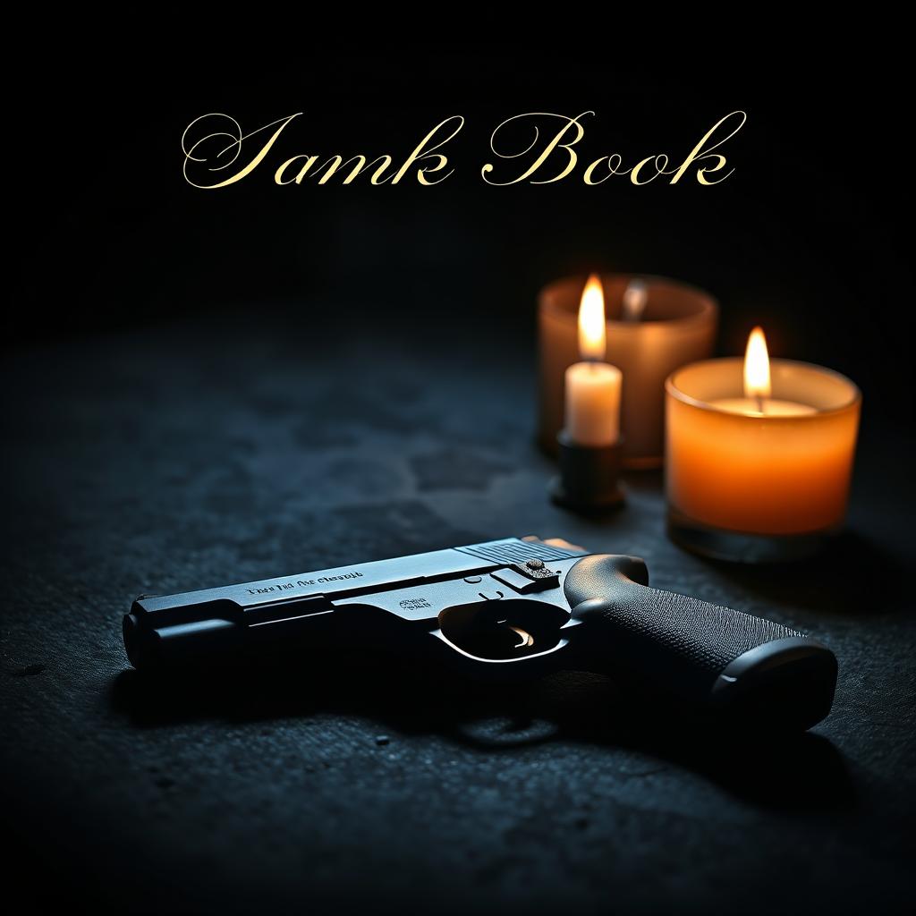 A dark and moody book cover featuring a handgun lying on a textured surface, with a soft, flickering aromatic candle burning beside it, casting shadows in the darkness