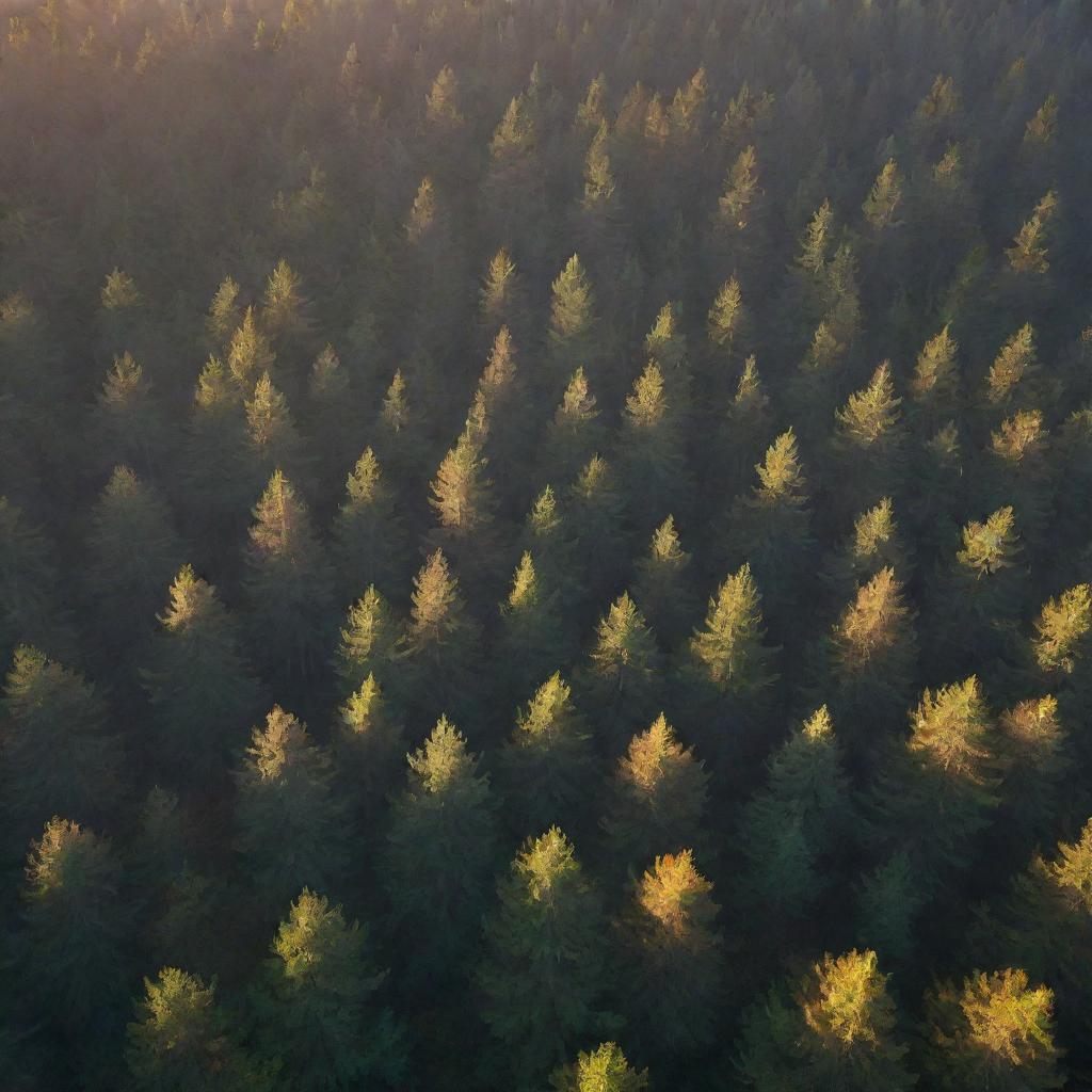 Aerial view of a misty, pine forest during sunrise. Rays of light permeate through a mixture of evergreen and deciduous trees with autumn-colored leaves, projecting long shadows onto the forest floor, generating a feeling of depth and atmosphere.