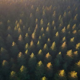 Aerial view of a misty, pine forest during sunrise. Rays of light permeate through a mixture of evergreen and deciduous trees with autumn-colored leaves, projecting long shadows onto the forest floor, generating a feeling of depth and atmosphere.