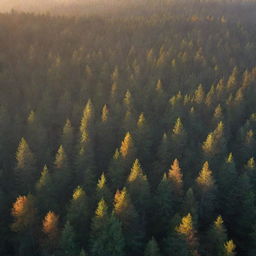 Aerial view of a misty, pine forest during sunrise. Rays of light permeate through a mixture of evergreen and deciduous trees with autumn-colored leaves, projecting long shadows onto the forest floor, generating a feeling of depth and atmosphere.