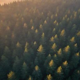 Aerial view of a misty, pine forest during sunrise. Rays of light permeate through a mixture of evergreen and deciduous trees with autumn-colored leaves, projecting long shadows onto the forest floor, generating a feeling of depth and atmosphere.