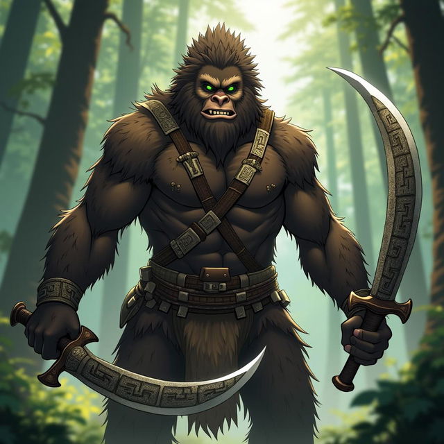 An anime male sasquatch with long arms and a dark-brown, extra furry body, showcasing fierce green eyes that hint at a love for battle