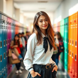 A fashionable young woman in a school setting, dressed in a stylish school uniform that highlights her figure